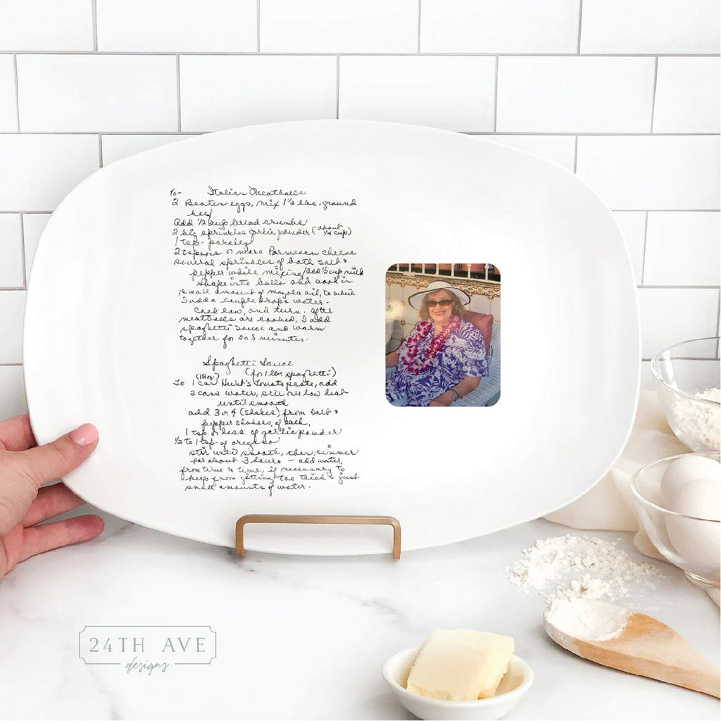 Handwritten recipe platter with photo featuring a family recipe and loved one’s image printed on a white serving platter