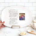 Handwritten recipe platter with photo featuring a family recipe and loved one’s image printed on a white serving platter