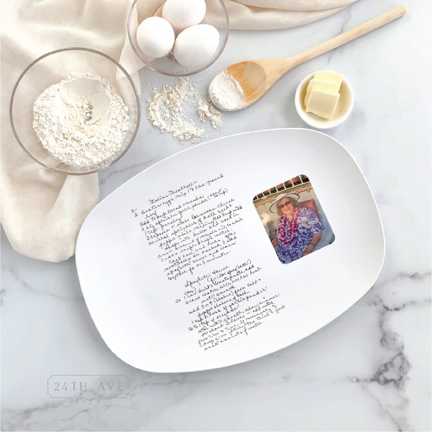 Overhead view of custom handwritten recipe platter with photo and full-color image printed on serving dish