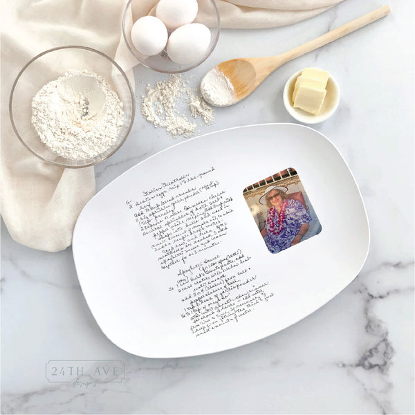Overhead view of custom handwritten recipe platter with photo and full-color image printed on serving dish