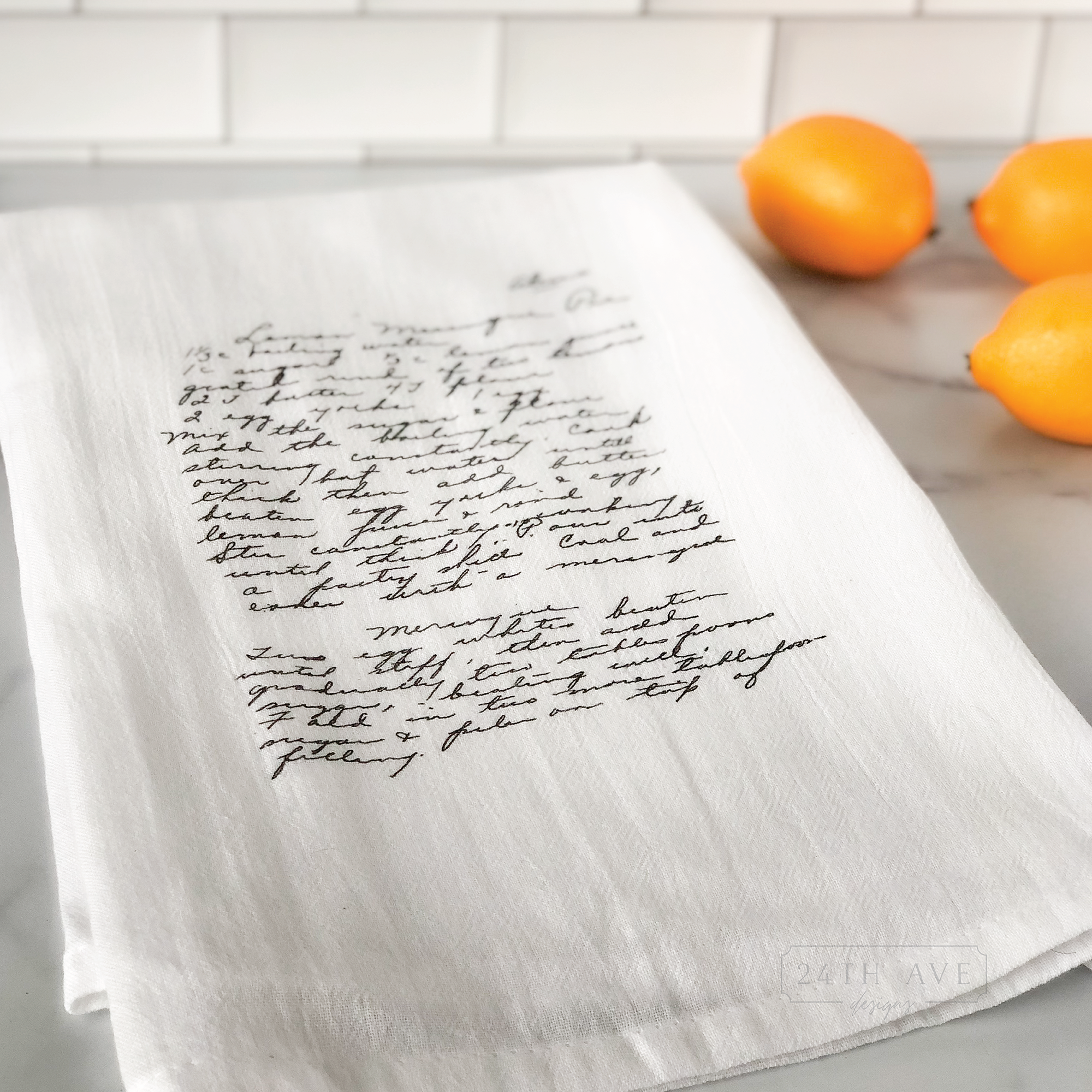 closeup of handwritten family recipe printed on flour sack tea towel