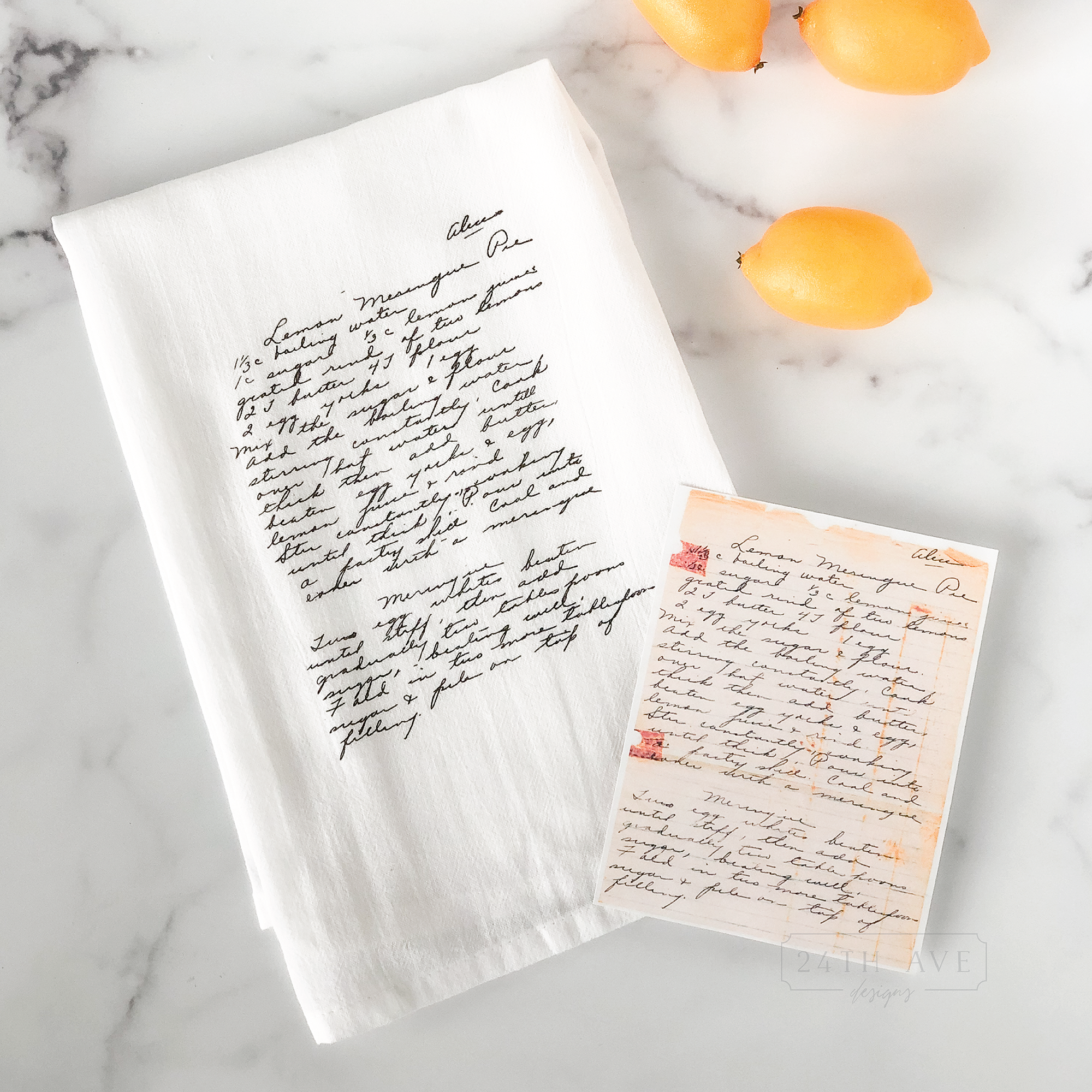 custom flour sack tea towel with handwritten family recipe printed in original handwriting