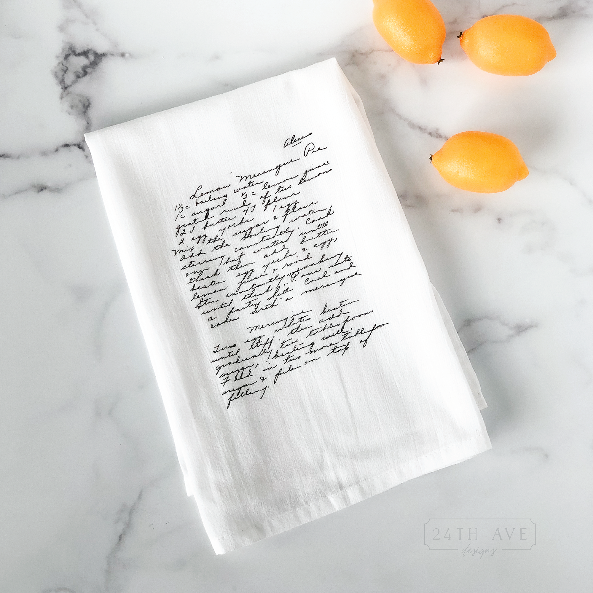 handwritten recipe printed on flour sack tea towel featuring a family recipe in original handwriting