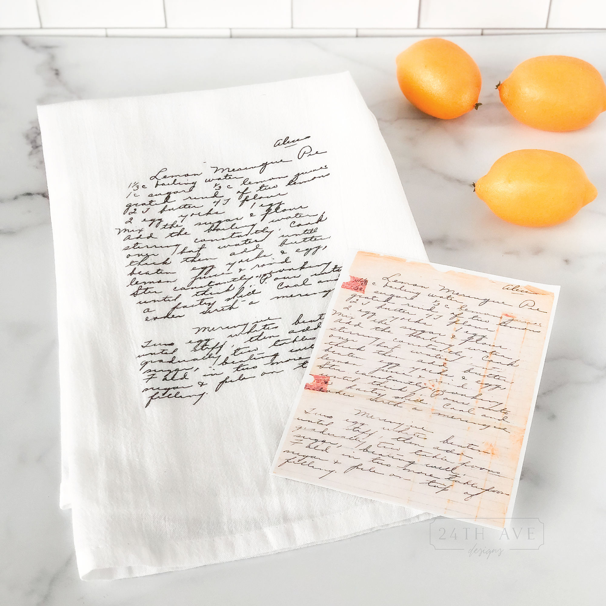 custom flour sack tea towel with handwritten family recipe shown next to original recipe card