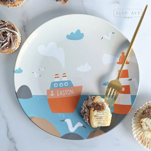 Custom Birthday Plate for Boy, Personalized Nautical Birthday Plate - Happy Birthday Plate Nautical - Boat and lighthouse name plate - Birthday Plate for Boy 