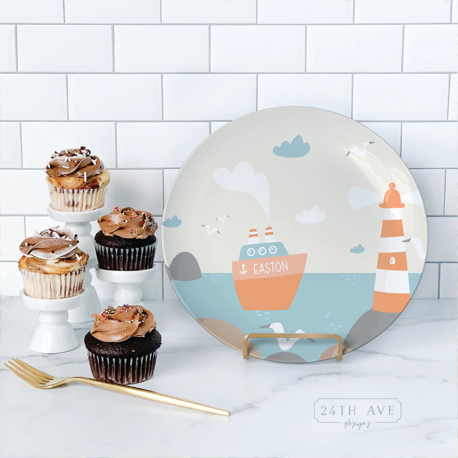 Custom Birthday Plate for Boy, Personalized Nautical Birthday Plate - Happy Birthday Plate Nautical - Boat and lighthouse name plate - Birthday Plate for Boy 