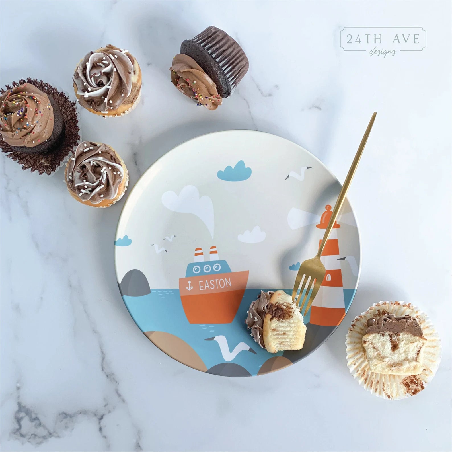 Custom Birthday Plate for Boy, Personalized Nautical Birthday Plate - Happy Birthday Plate Nautical - Boat and lighthouse name plate - Birthday Plate for Boy 