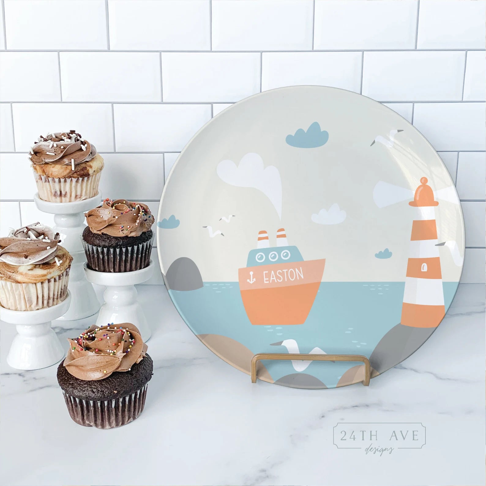 Custom Birthday Plate for Boy, Personalized Nautical Birthday Plate - Happy Birthday Plate Nautical - Boat and lighthouse name plate - Birthday Plate for Boy 
