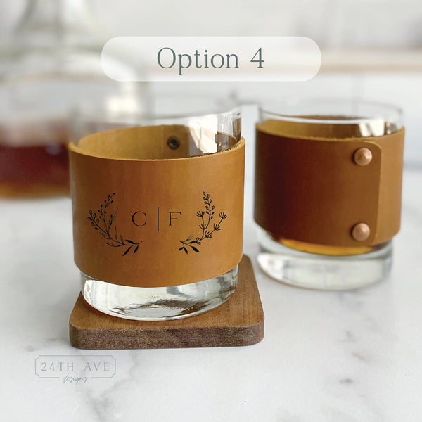 whisky glass set, personalized whisky glass set with leather wrap, custom whisky glass set with leather wrap, leather whisky glass wrap set, wedding gift, groomsmen gift,  engraved whisky glass set, 24th Ave designs