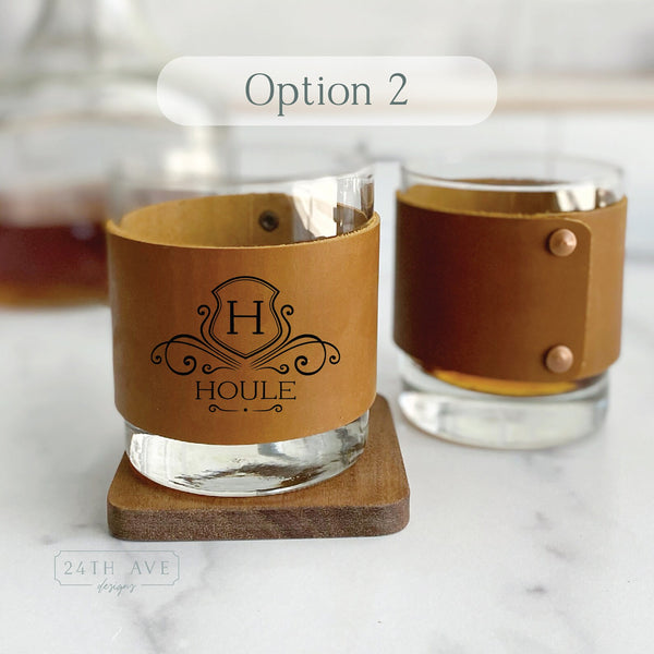 whisky glass set, personalized whisky glass set with leather wrap, custom whisky glass set with leather wrap, leather whisky glass wrap set, wedding gift, groomsmen gift,  engraved whisky glass set