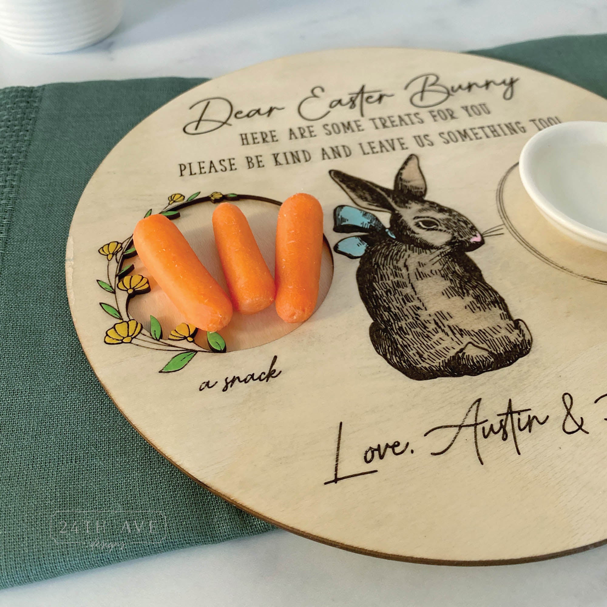 close up of personalized easter bunny treat tray showing carrot snack area and bunny engraving