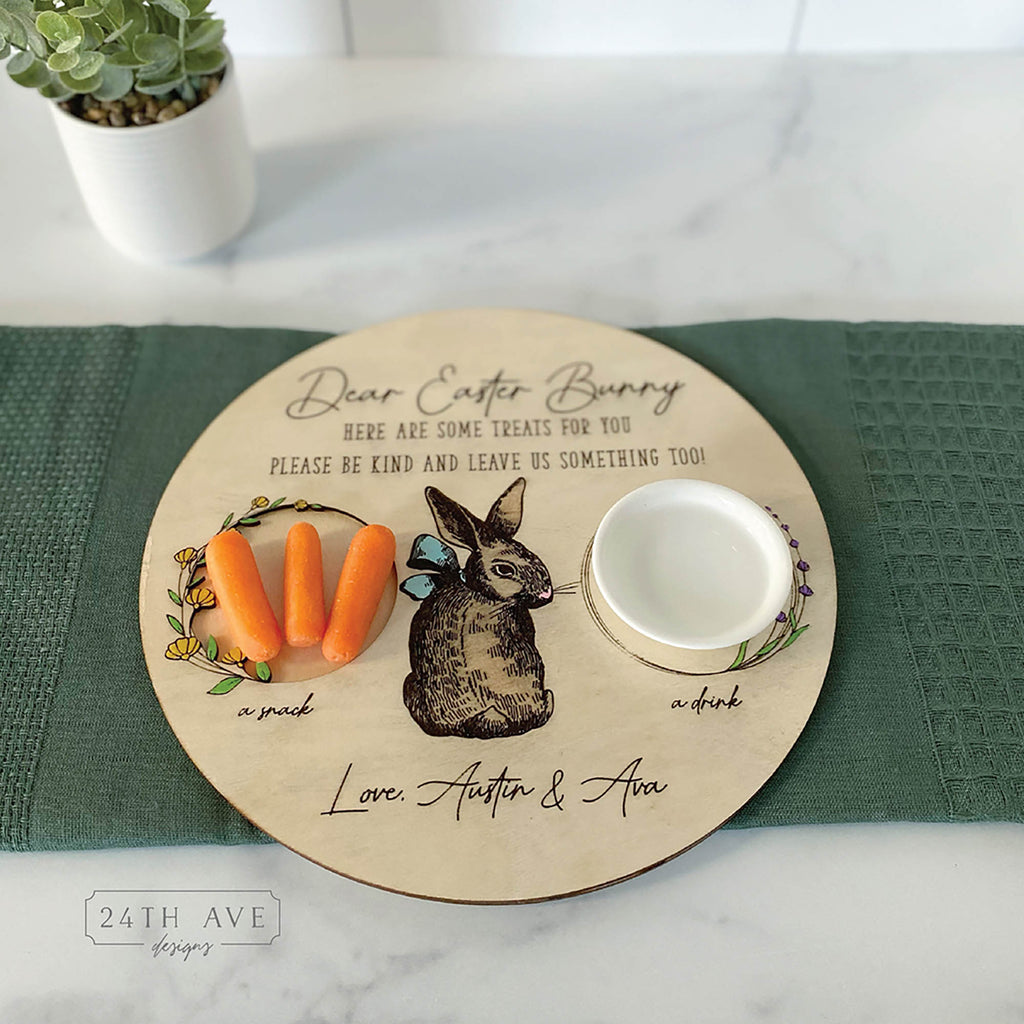 personalized easter bunny treat tray with carrots and ceramic bowl for bunny snack