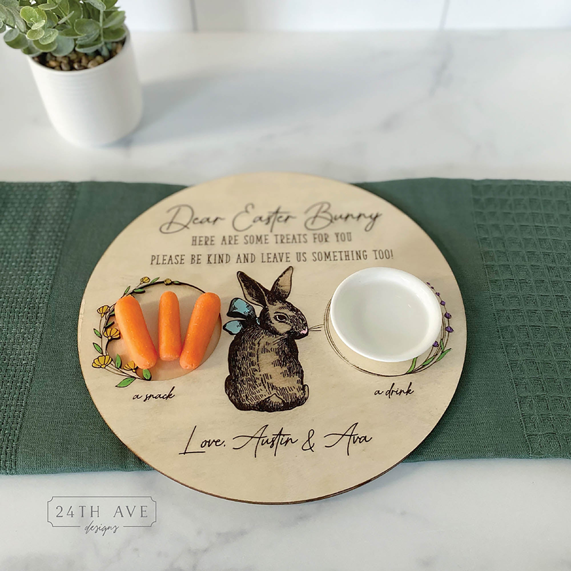 personalized easter bunny treat tray with carrots and ceramic bowl for bunny snack