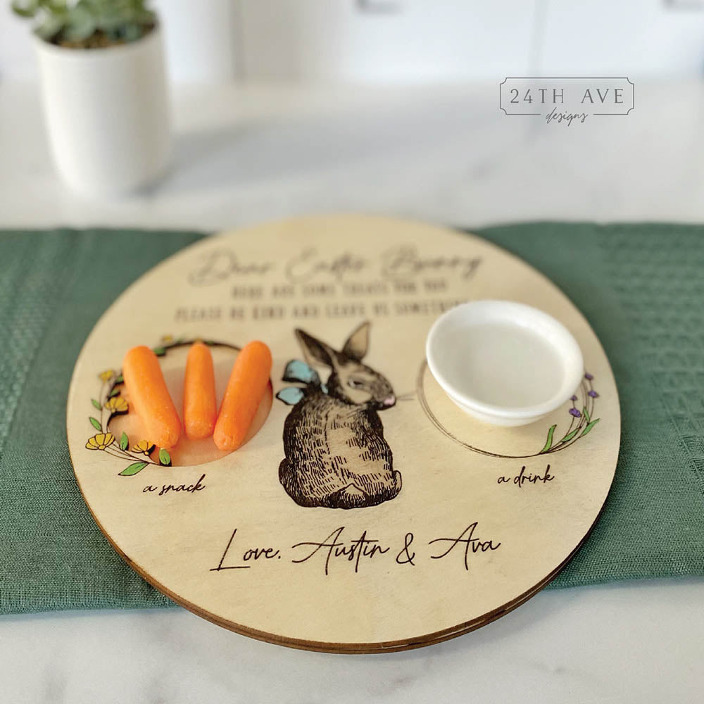 personalized easter bunny treat tray with carrots and small white bowl for easter bunny snack and drink