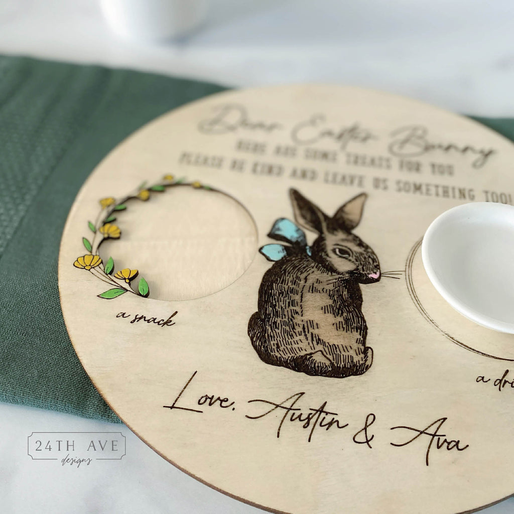 close up of personalized easter bunny treat tray showing bunny engraving and snack area