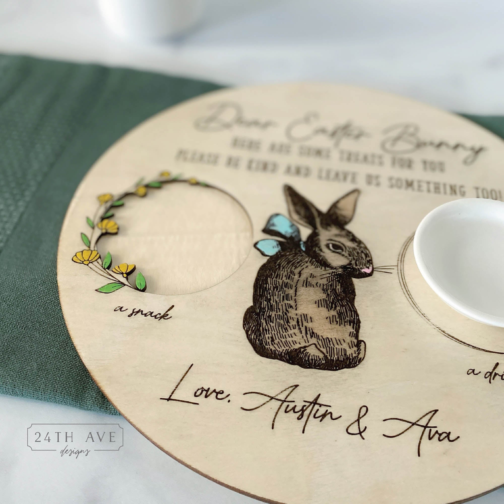 close up of personalized easter bunny treat tray showing bunny engraving and snack area