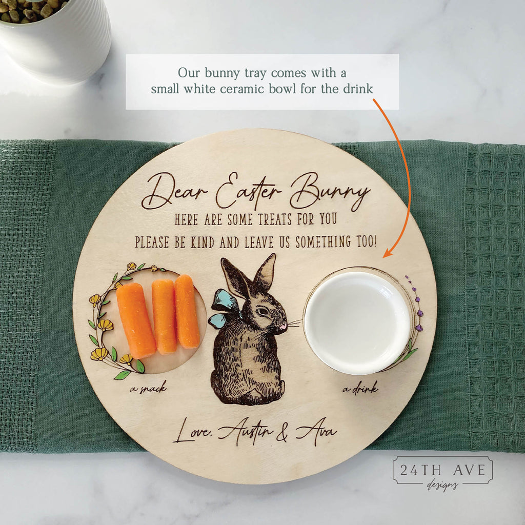personalized easter bunny treat tray with carrot snack area and small ceramic bowl for drink