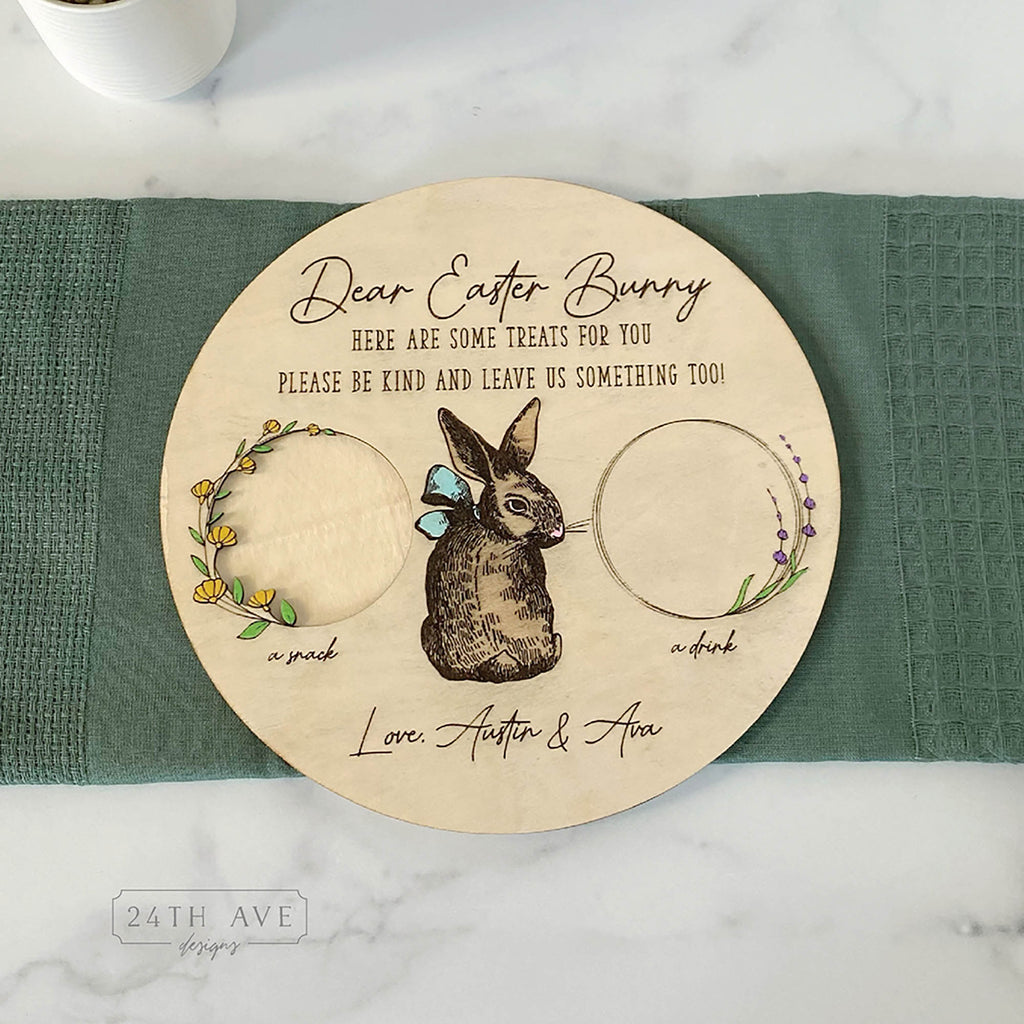 personalized wooden easter bunny treat tray with bunny engraving and snack and drink areas