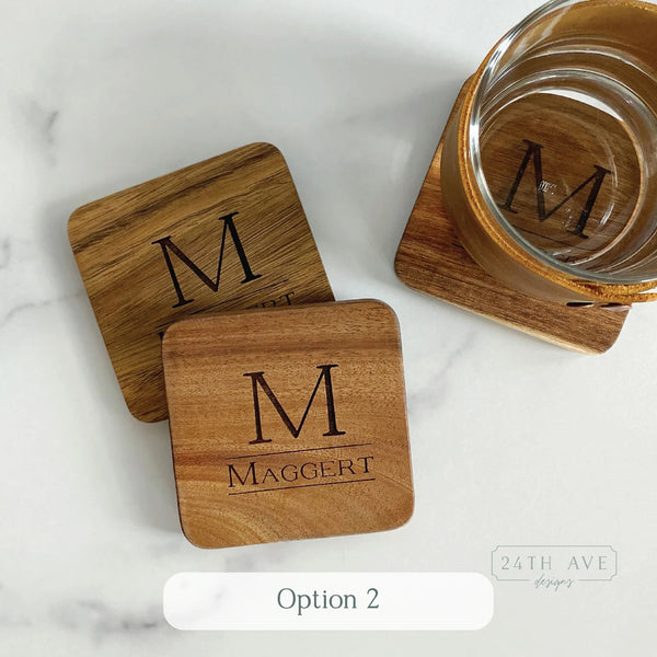 custom coaster, personalized coaster, laser engraved coaster, 24th Ave designs, realtor gift, family name gift, logo coaster, anniversary gift, personalized wedding gift