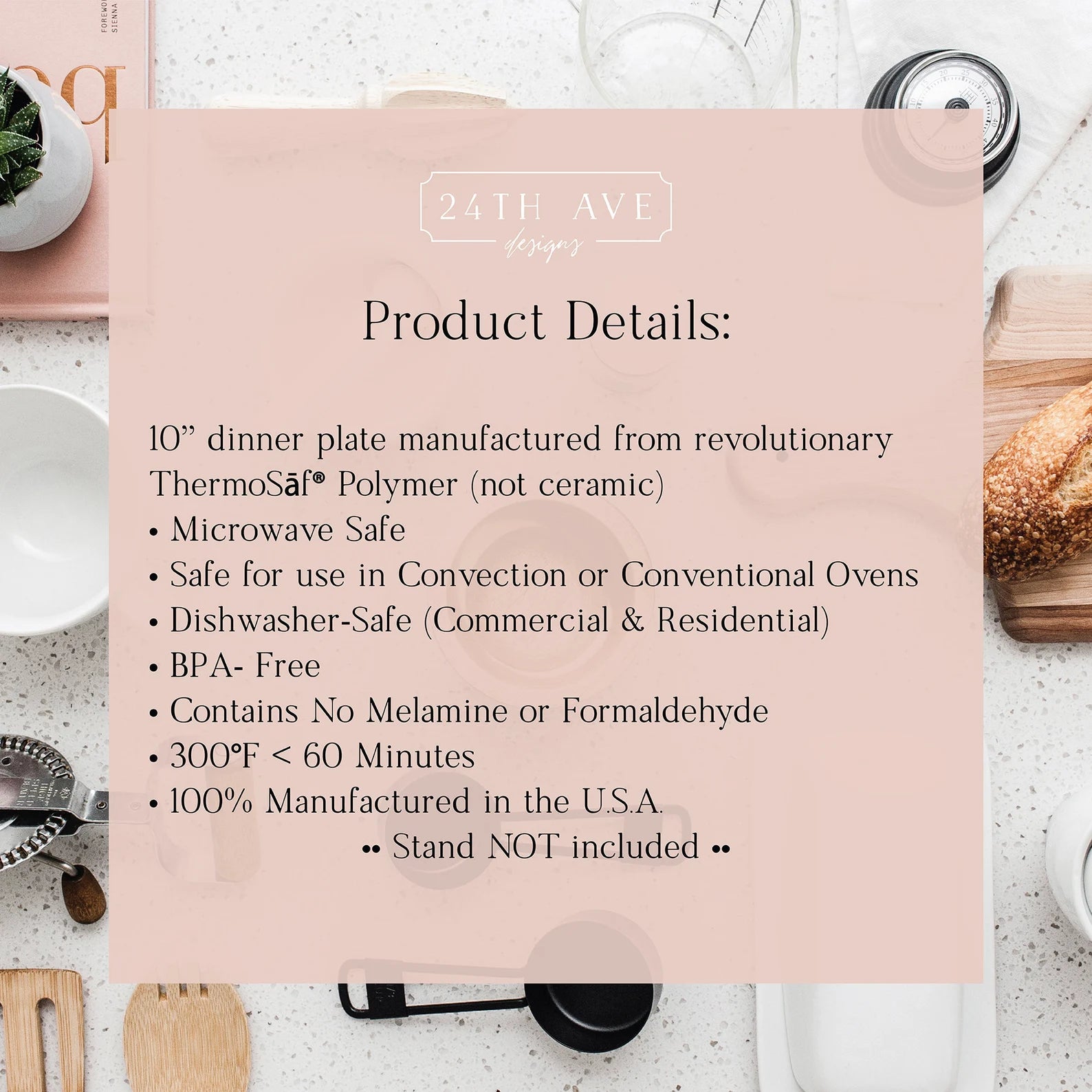 Product details for ThermoSaf polymer dinner plate including microwave and dishwasher safe features